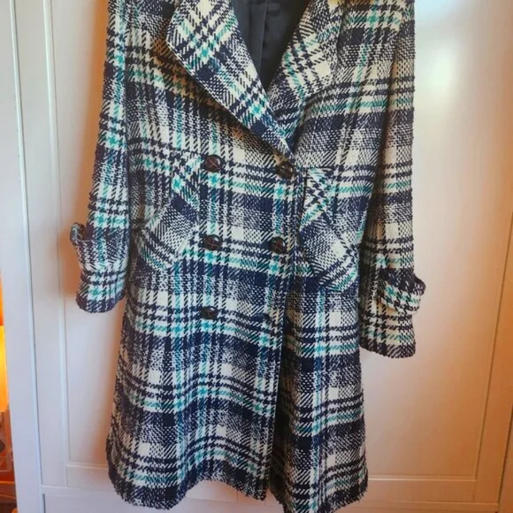 Wool Textured Plaid Trench Pea Lapel Coat Small Estimated Size 4 - Picture 3 of 12